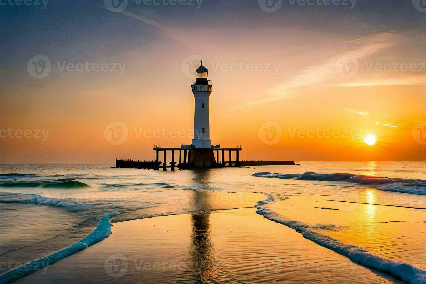a lighthouse stands on the beach at sunset. AI-Generated photo