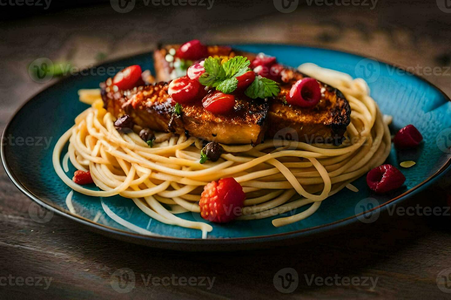 a plate of spaghetti with meat and berries. AI-Generated photo