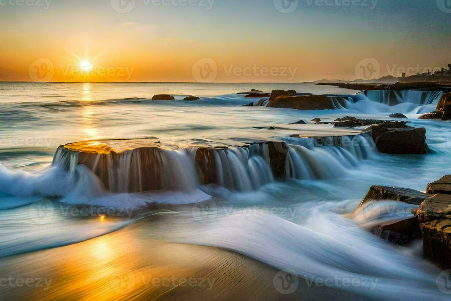 the sun sets over the ocean and waves crashing into rocks. AI-Generated photo