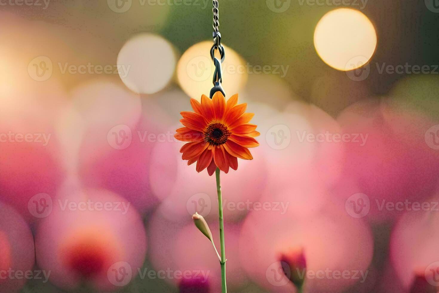 a single orange flower hanging from a chain. AI-Generated photo
