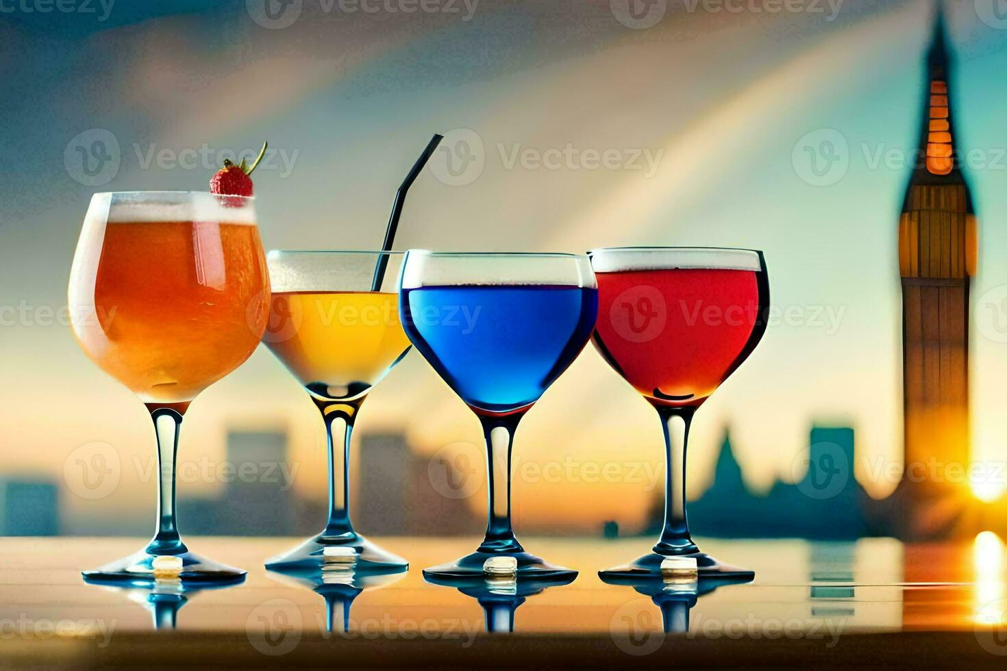 four glasses of different colored drinks on a table with a city skyline in the background. AI-Generated photo