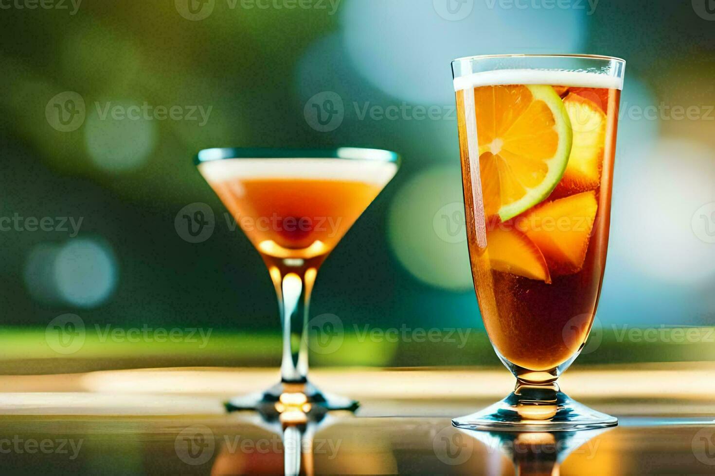 two glasses of drinks with orange slices and lemon slices. AI-Generated photo