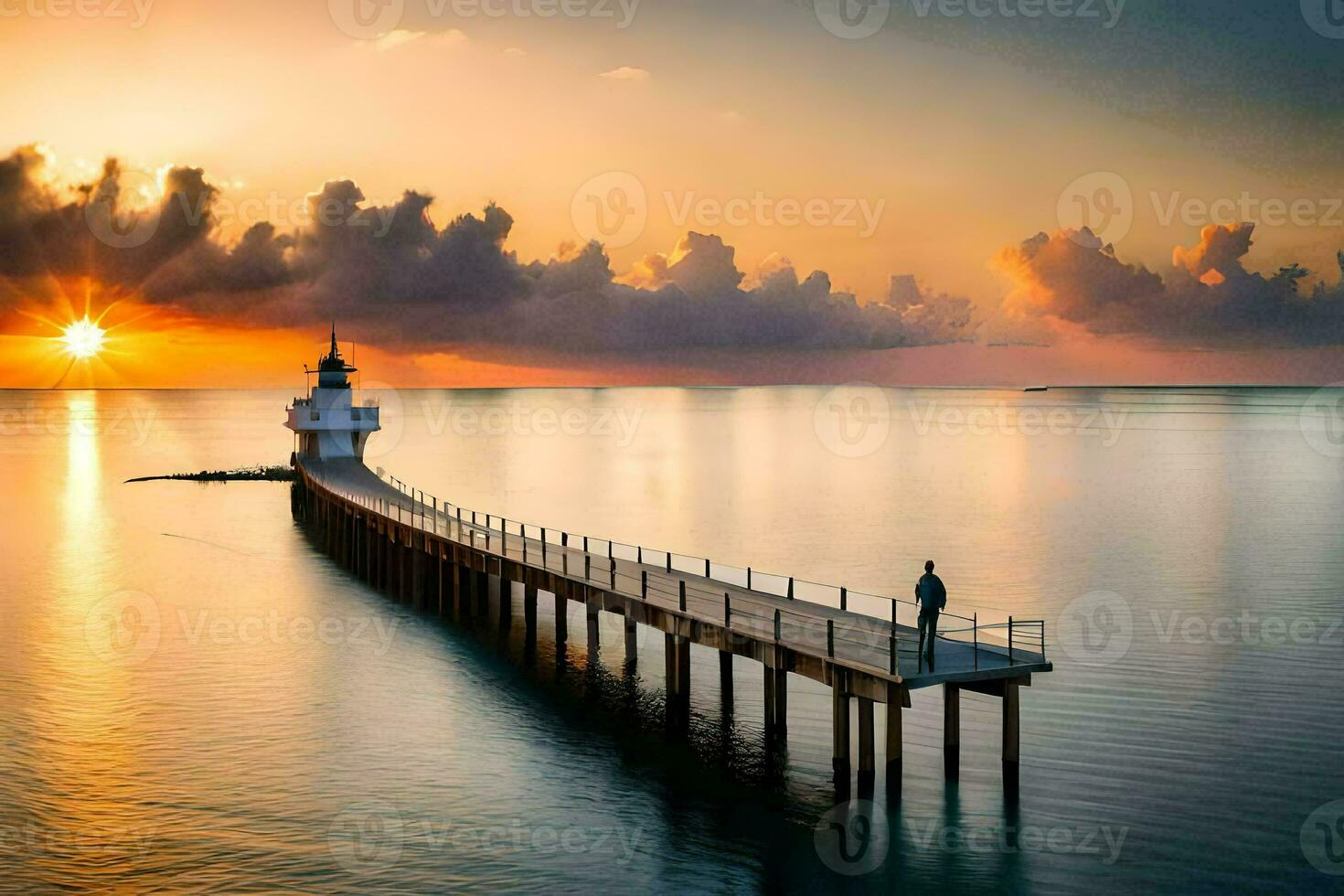 a man stands on a pier at sunset. AI-Generated photo