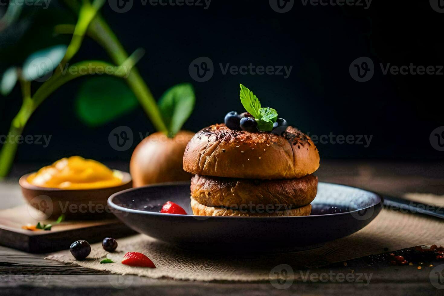 a stack of buns with blueberries and mustard. AI-Generated photo