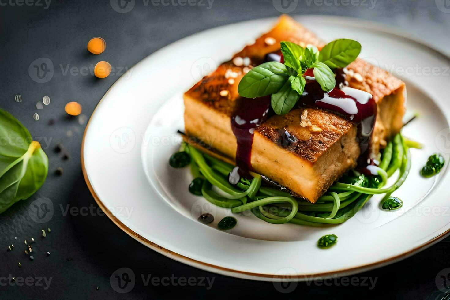 a plate of tofu with sauce and vegetables. AI-Generated photo