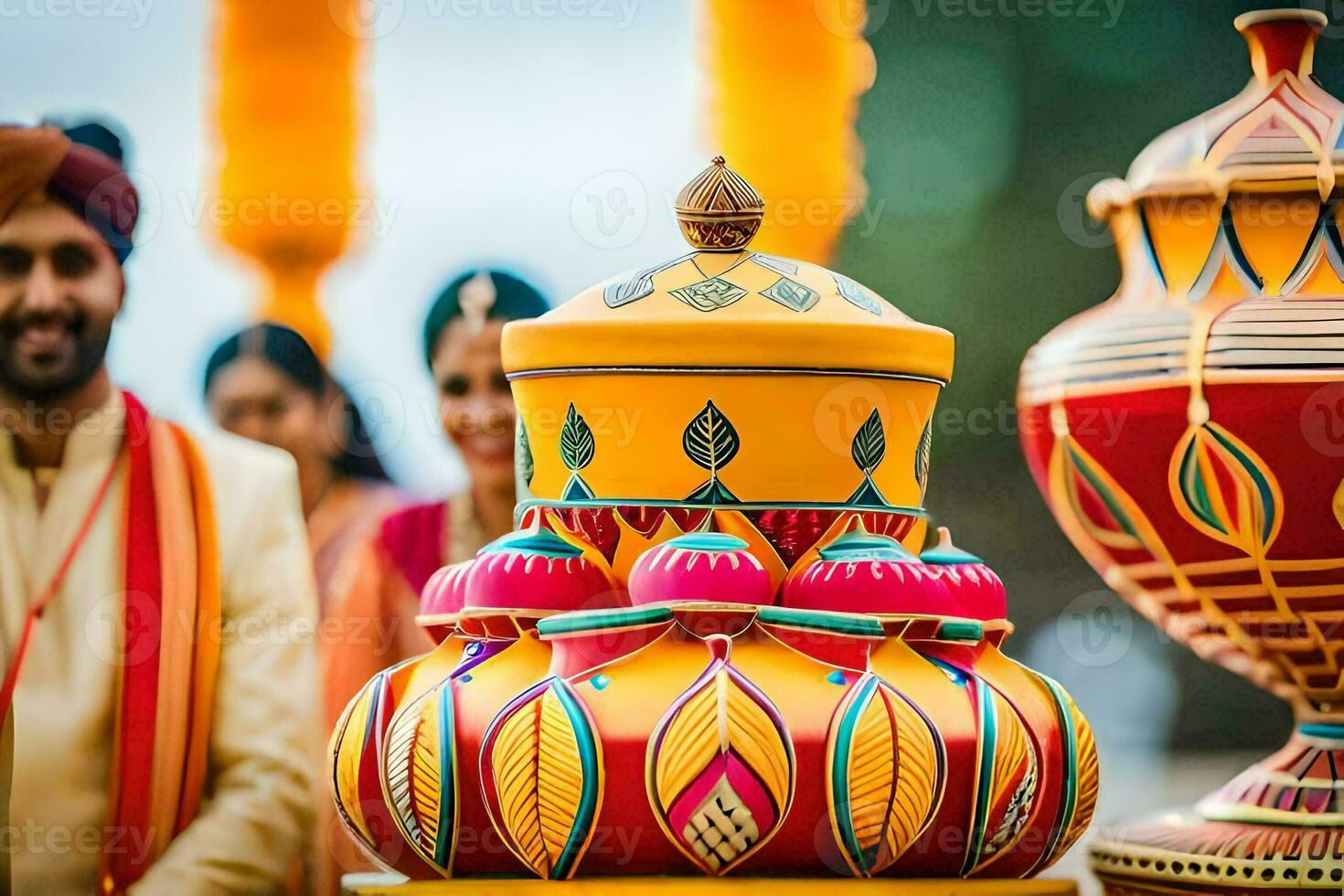 a man and woman in traditional indian attire are standing next to a colorful pot. AI-Generated photo