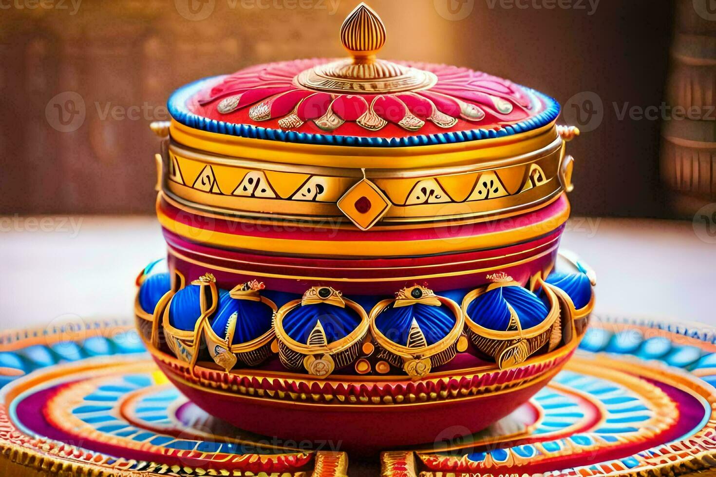 a colorful pot sitting on a table with a decorative design. AI-Generated photo