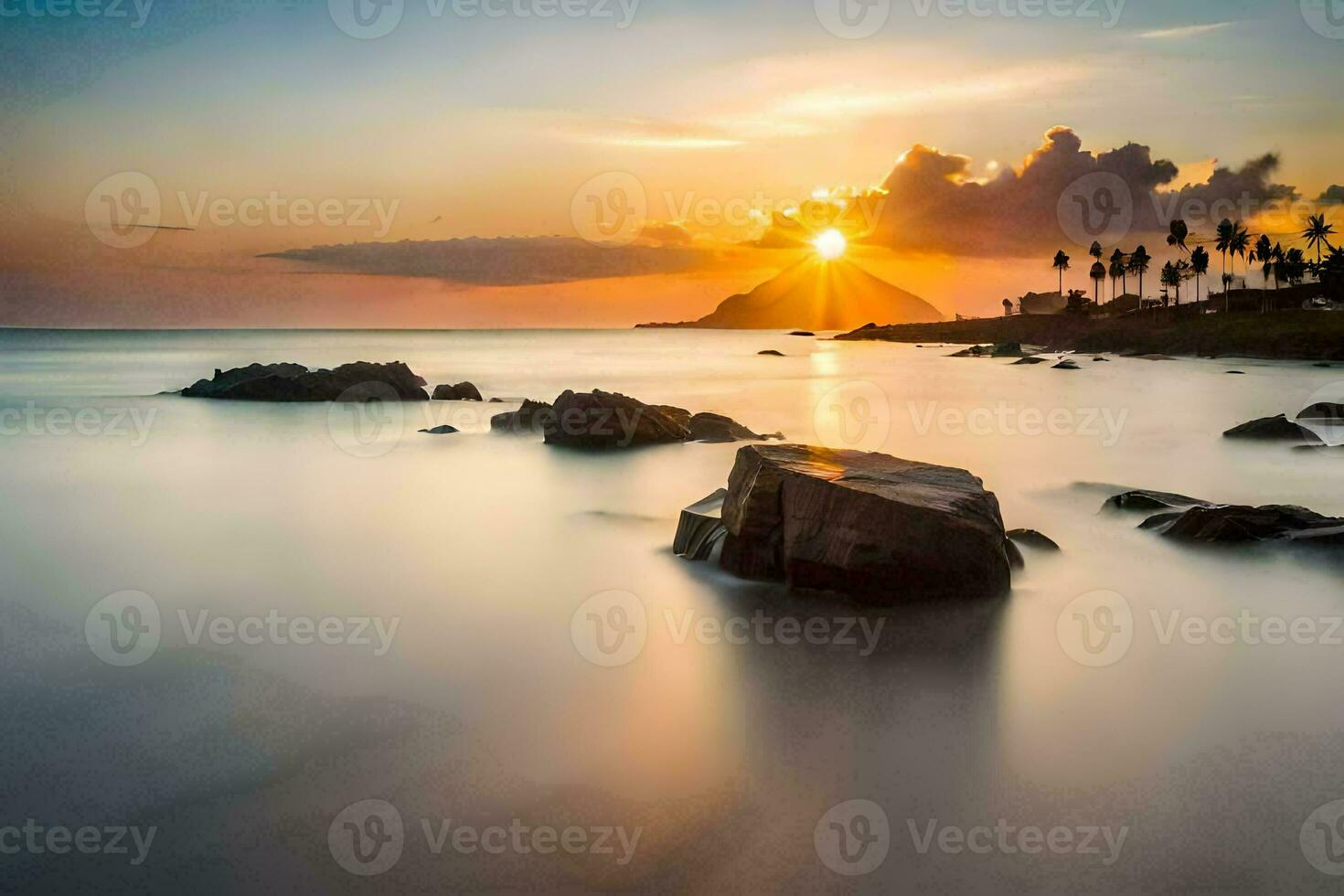 the sun rises over the ocean in this long exposure photograph. AI-Generated photo