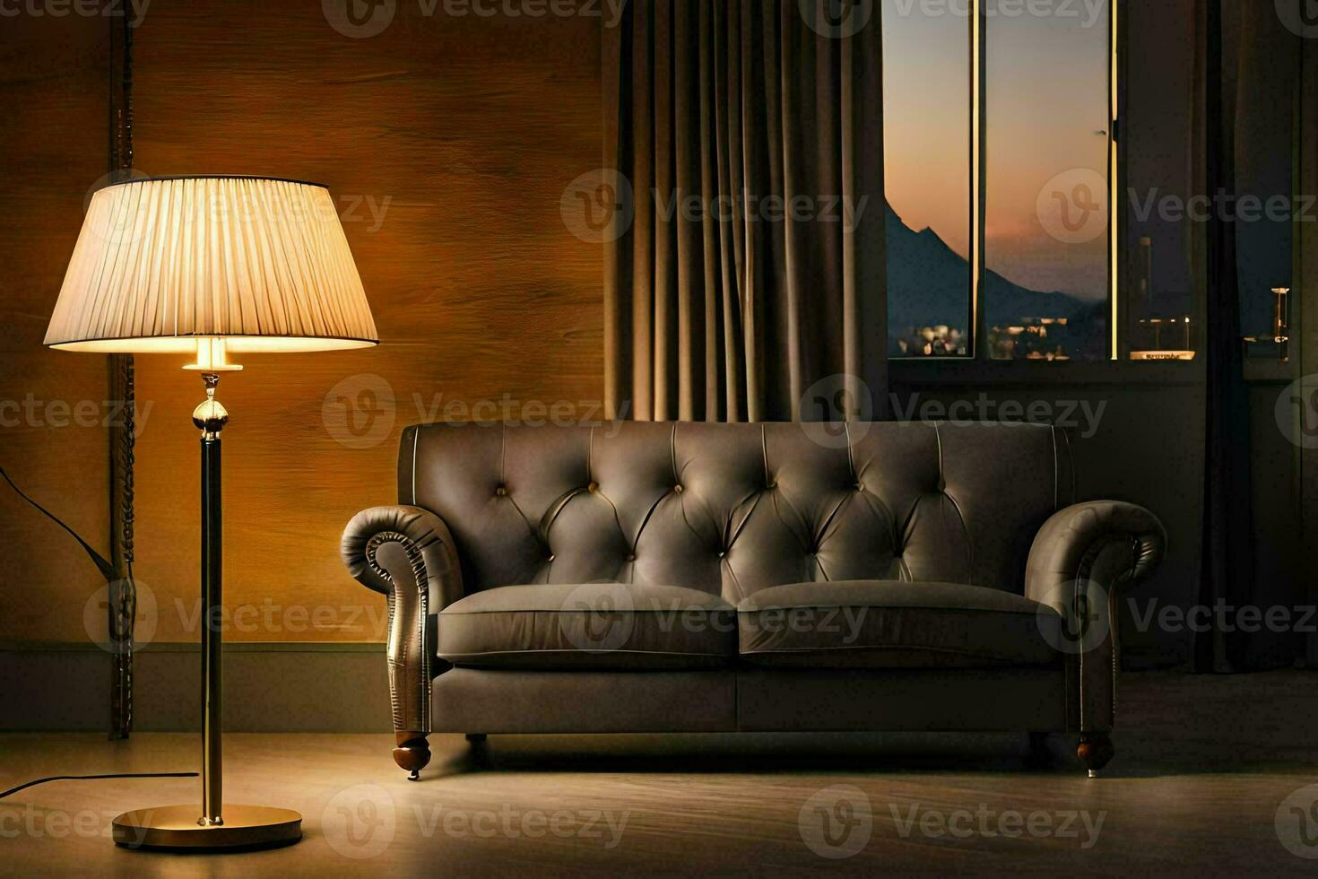 a leather couch and lamp in a room. AI-Generated photo