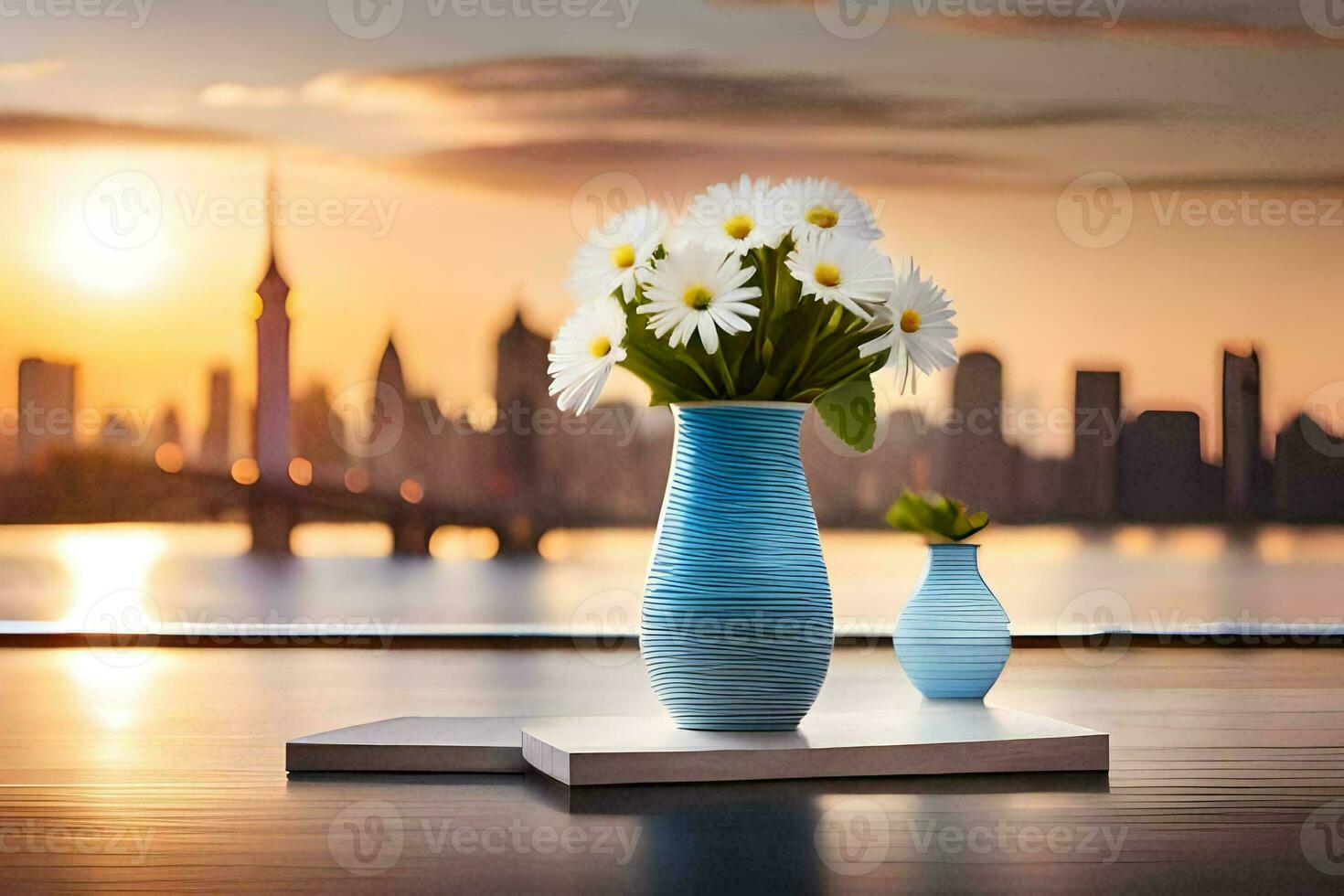 two vases with flowers on a table in front of a city skyline. AI-Generated photo