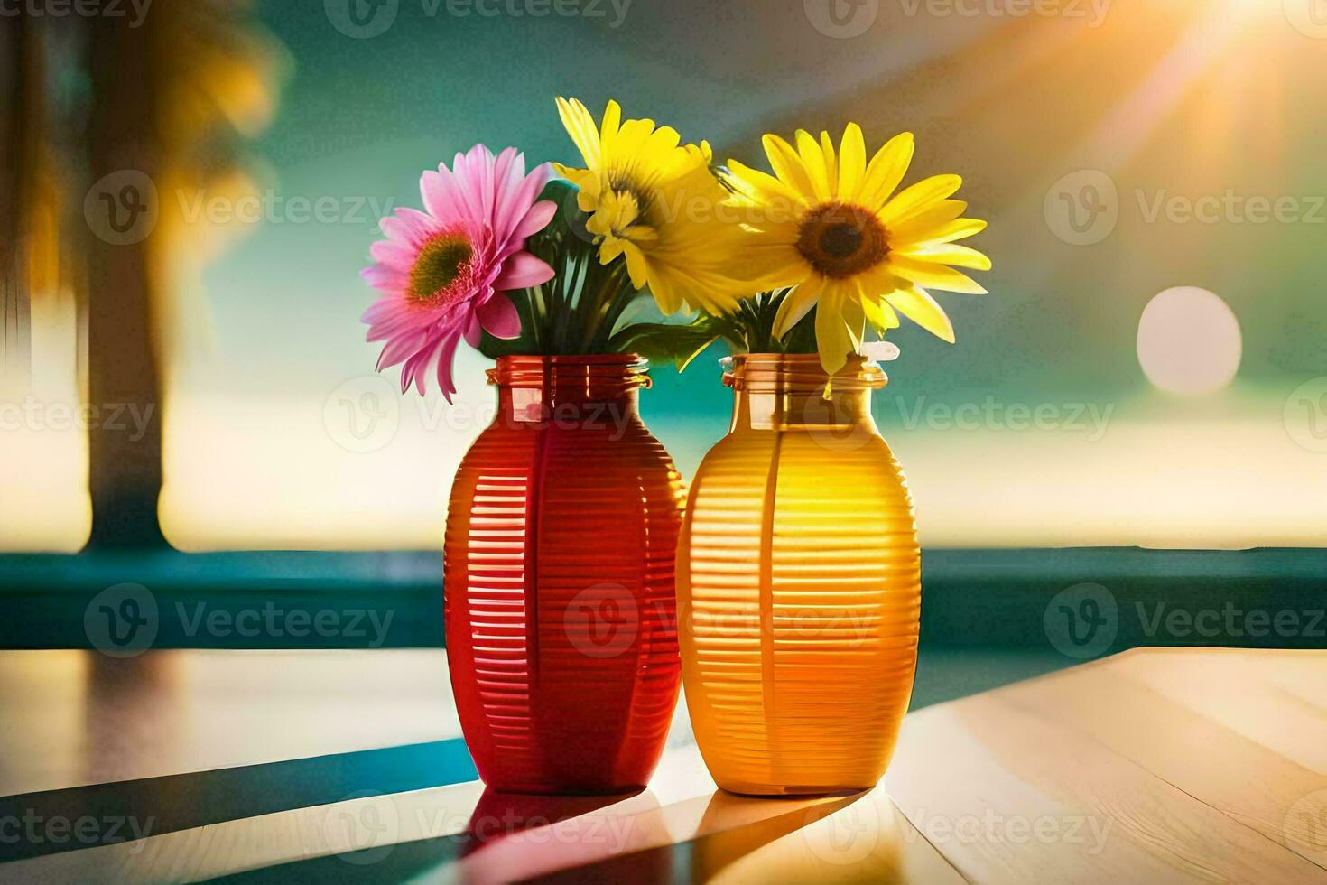 two colorful vases with flowers on a table. AI-Generated photo