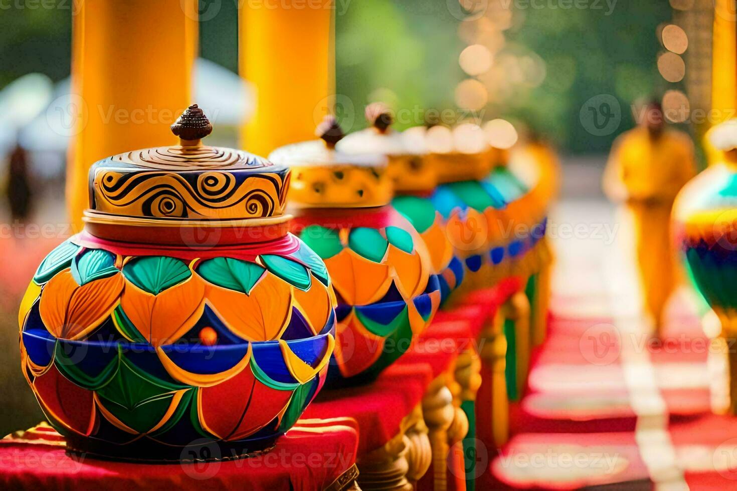 colorful vases lined up on a red carpet. AI-Generated photo