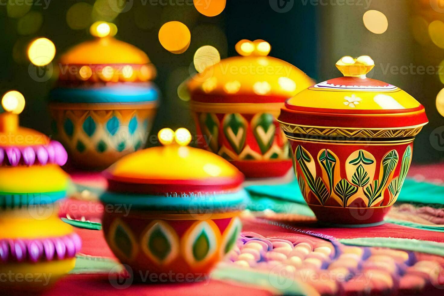 colorful diyas are sitting on a table with lights. AI-Generated photo