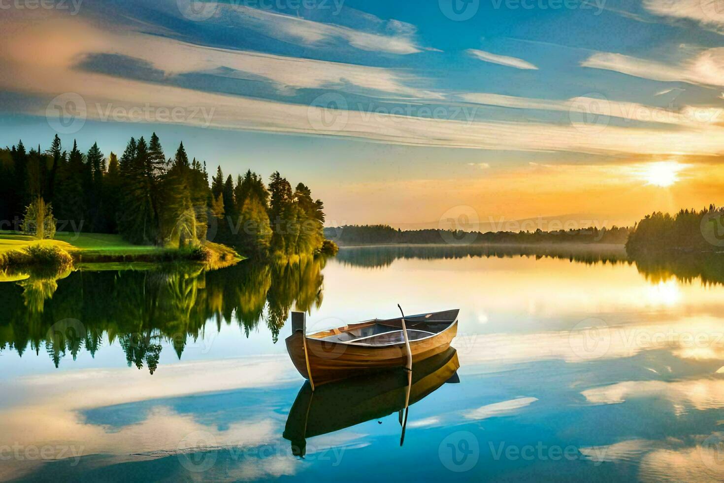 a boat sits on the calm water at sunset. AI-Generated photo