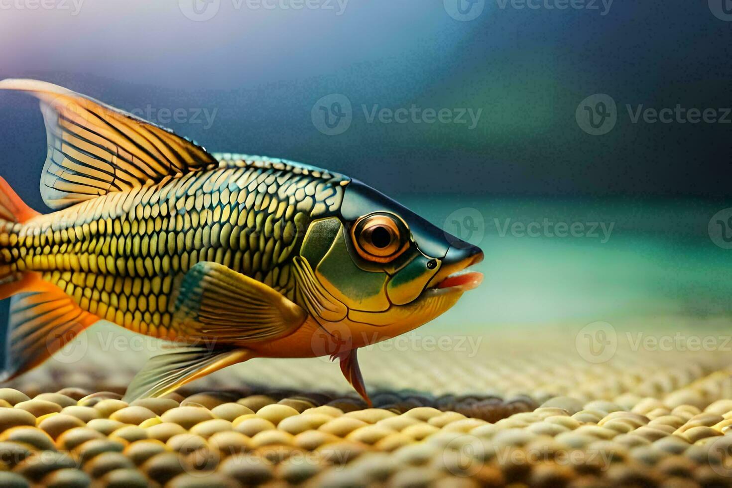 a fish is sitting on a gravel surface. AI-Generated photo