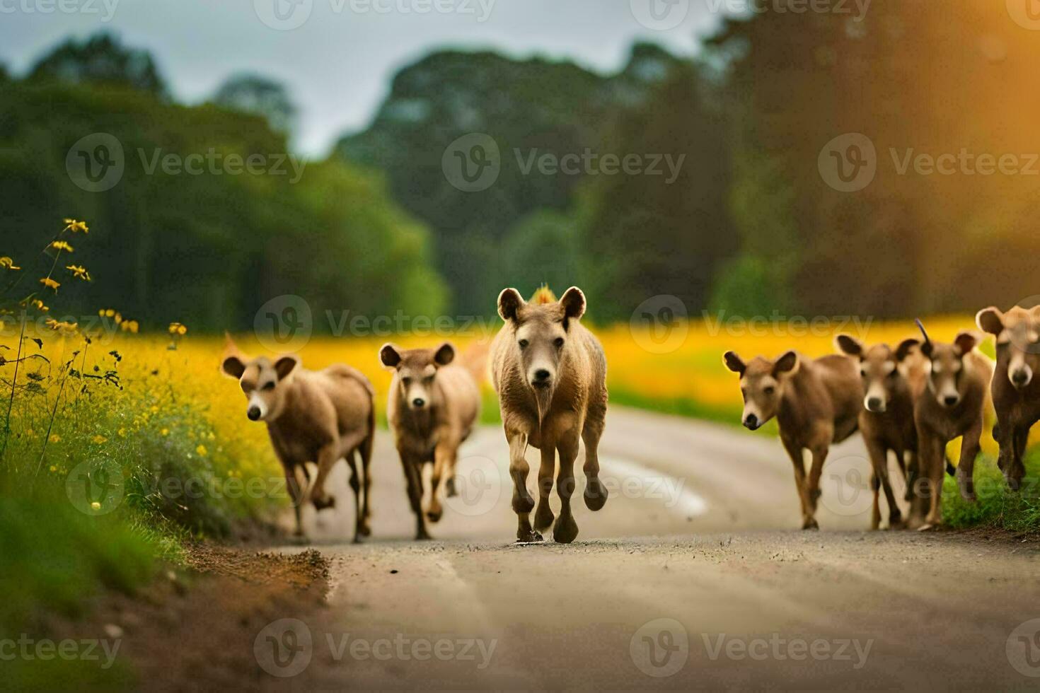 a herd of cows walking down a road. AI-Generated photo