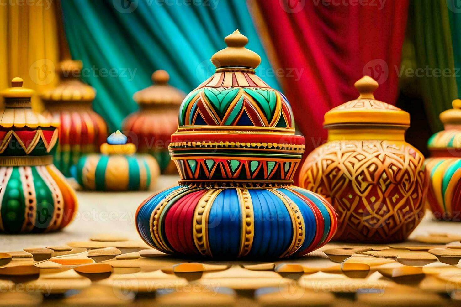 colorful vases and decorative pots on a table. AI-Generated photo