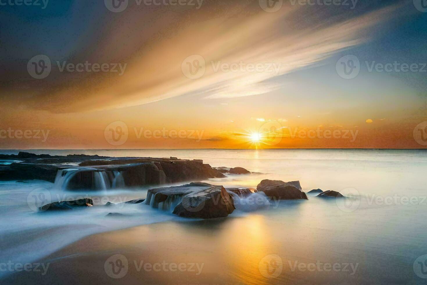 a sunset over the ocean with rocks and water. AI-Generated photo