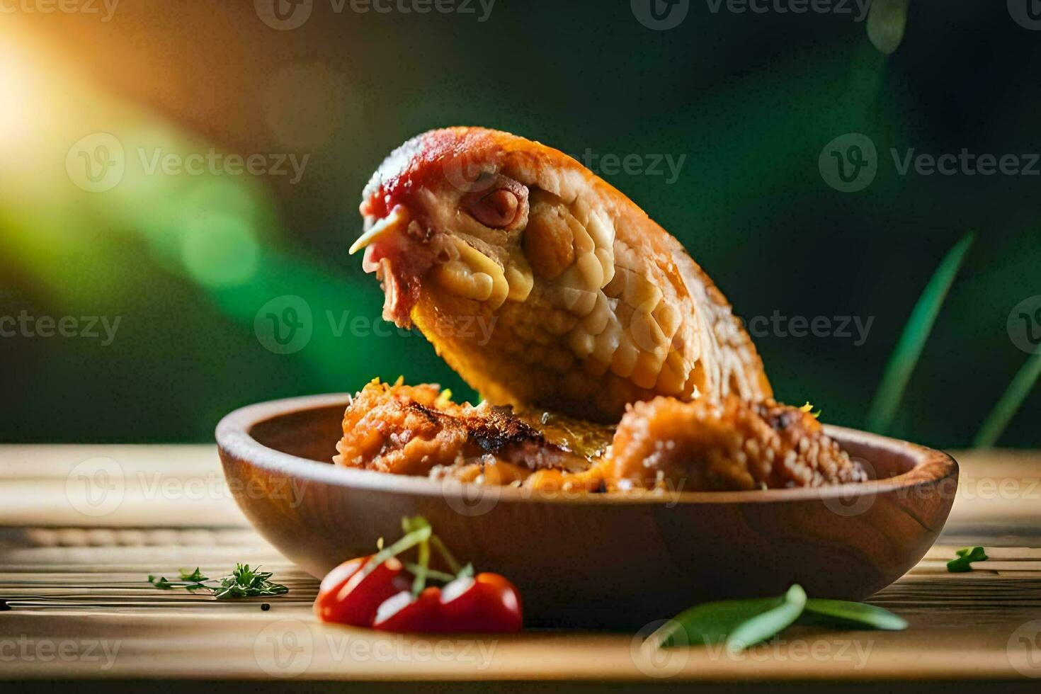 a chicken is sitting in a bowl with tomatoes. AI-Generated photo