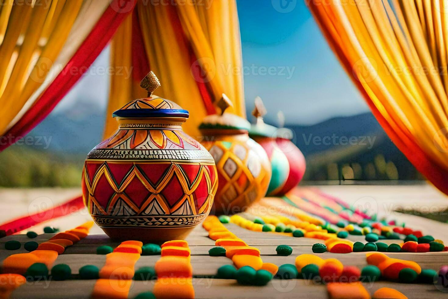 colorful vases on a wooden table with curtains. AI-Generated photo