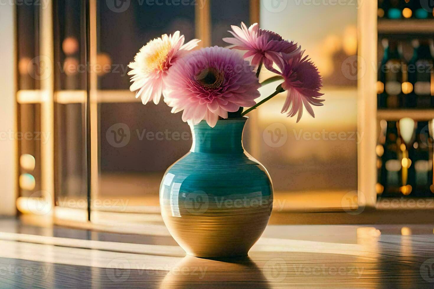 a vase with pink flowers sitting on a table. AI-Generated photo