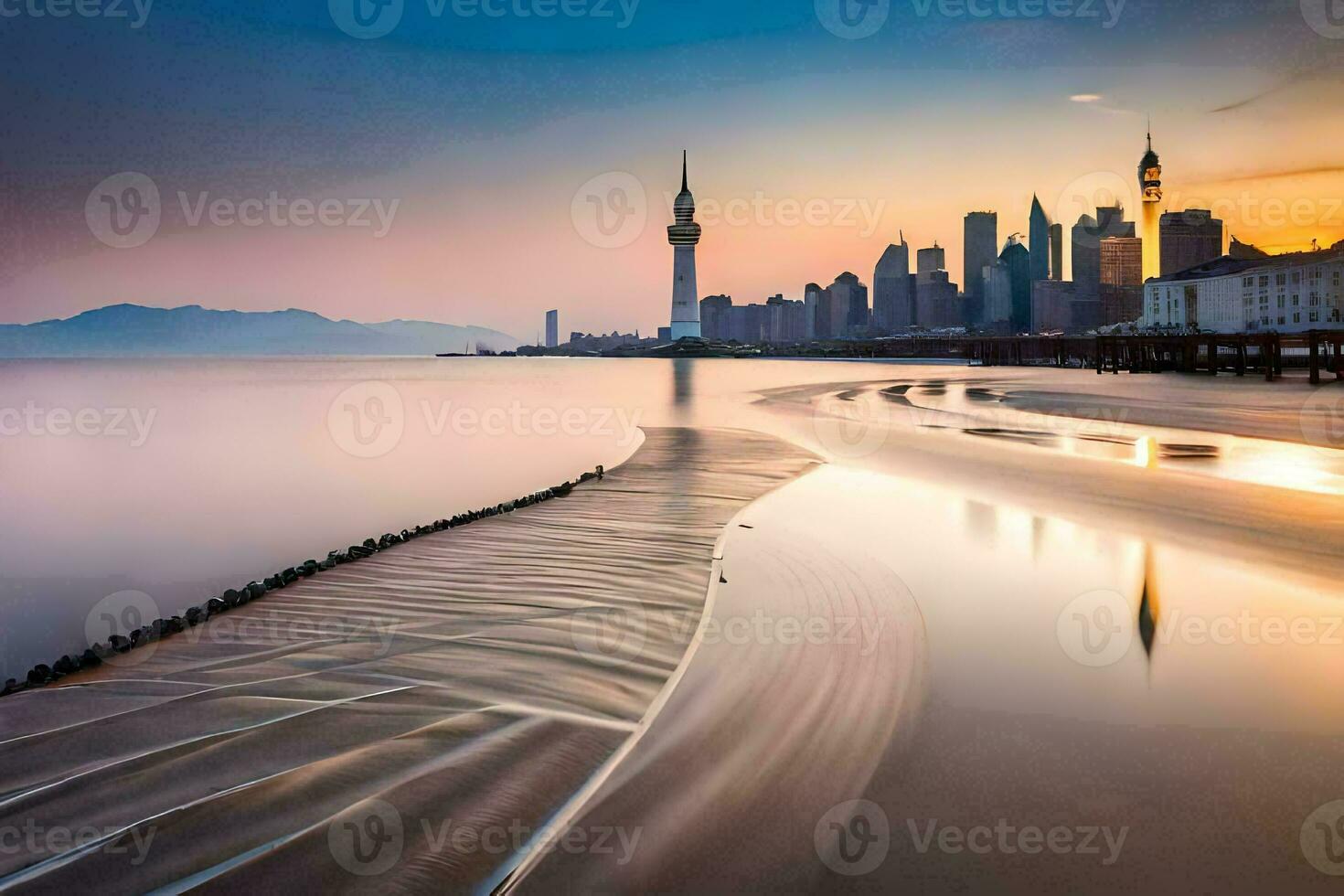 the city skyline is seen in the distance at sunset. AI-Generated photo