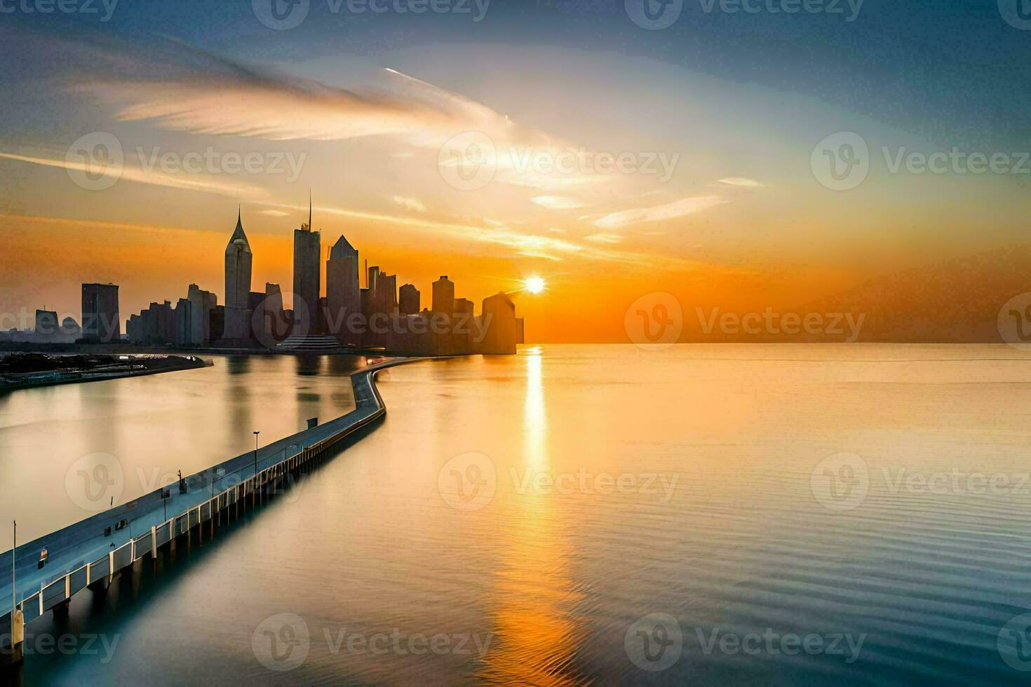 the sun rises over the city skyline in this photo. AI-Generated photo