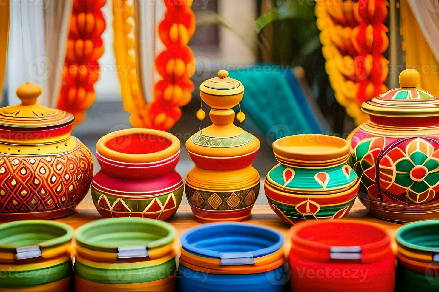colorful pots and vases are displayed on a table. AI-Generated photo