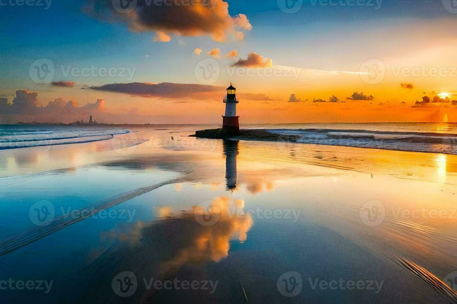 a lighthouse stands on the beach at sunset. AI-Generated photo
