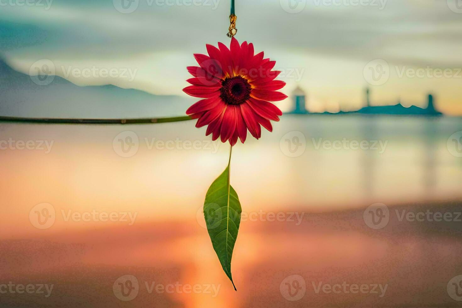 a red flower hanging from a string with a city in the background. AI-Generated photo