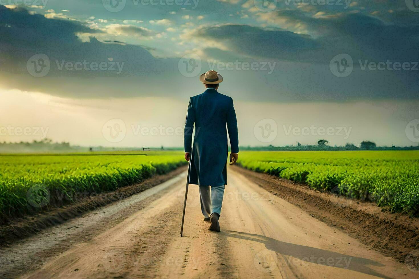 a man in a suit walks down a dirt road in front of a field. AI-Generated photo