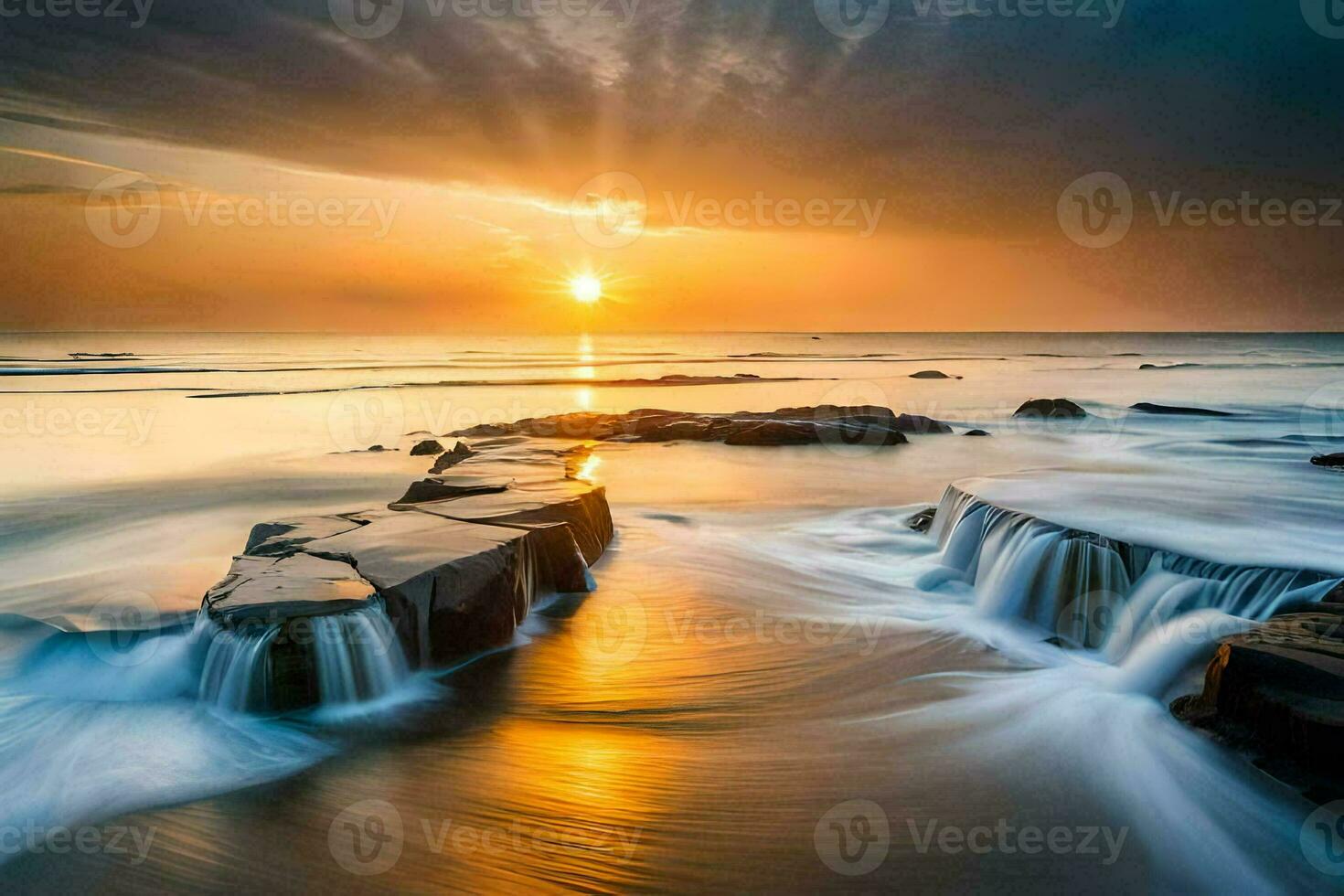 the sun sets over the ocean and rocks. AI-Generated photo