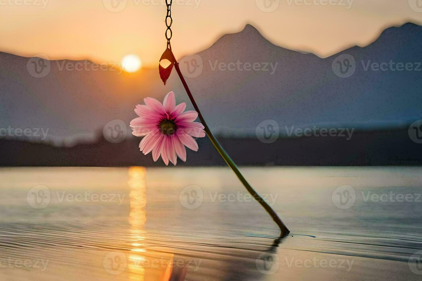 a pink flower is hanging from a hook in the water. AI-Generated photo