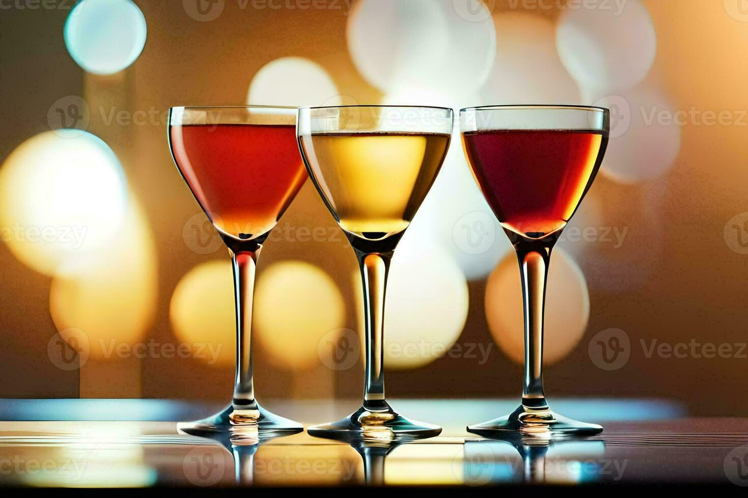 three glasses of wine on a table with a blurred background. AI-Generated photo