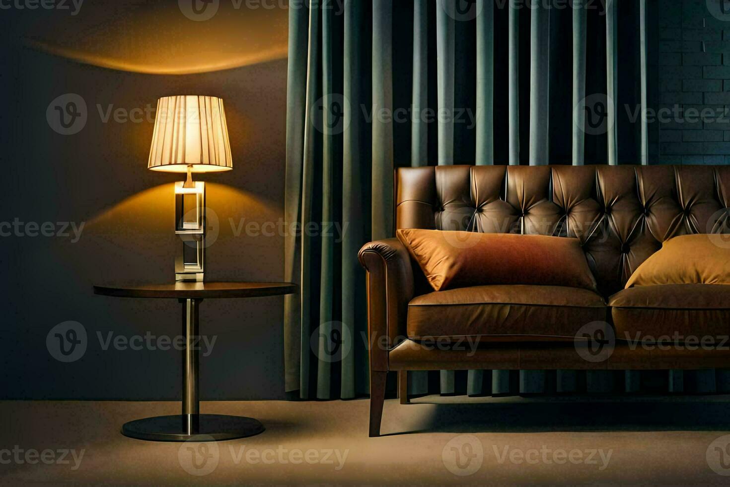a leather couch and lamp in a dark room. AI-Generated photo