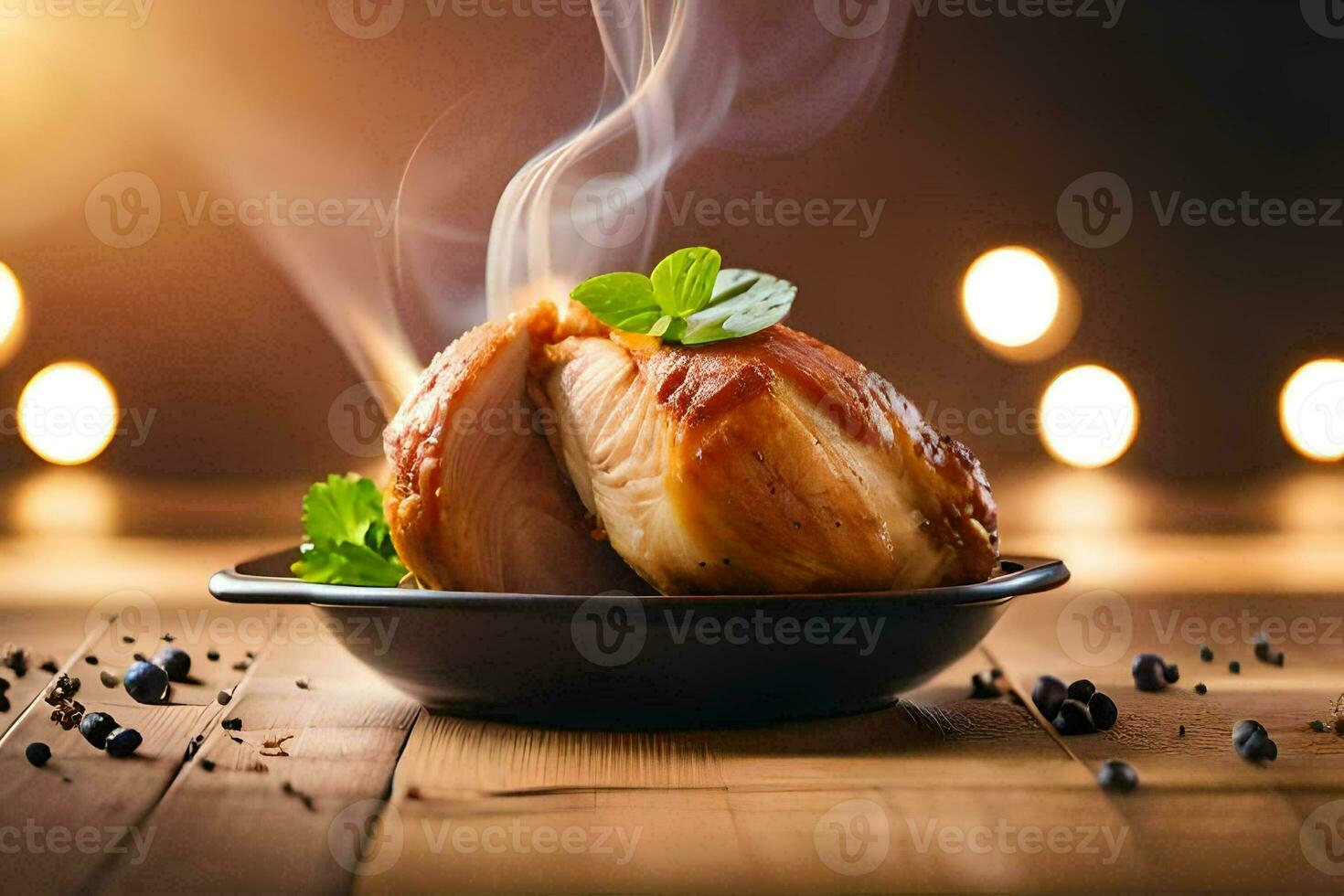 a piece of chicken is sitting on a plate with smoke coming out of it. AI-Generated photo
