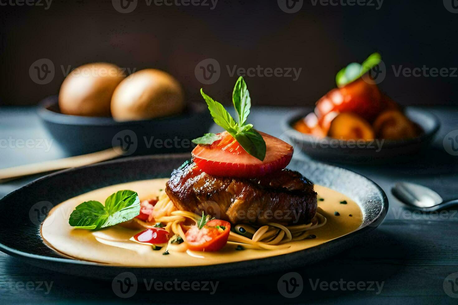a plate of food with meat and vegetables. AI-Generated photo