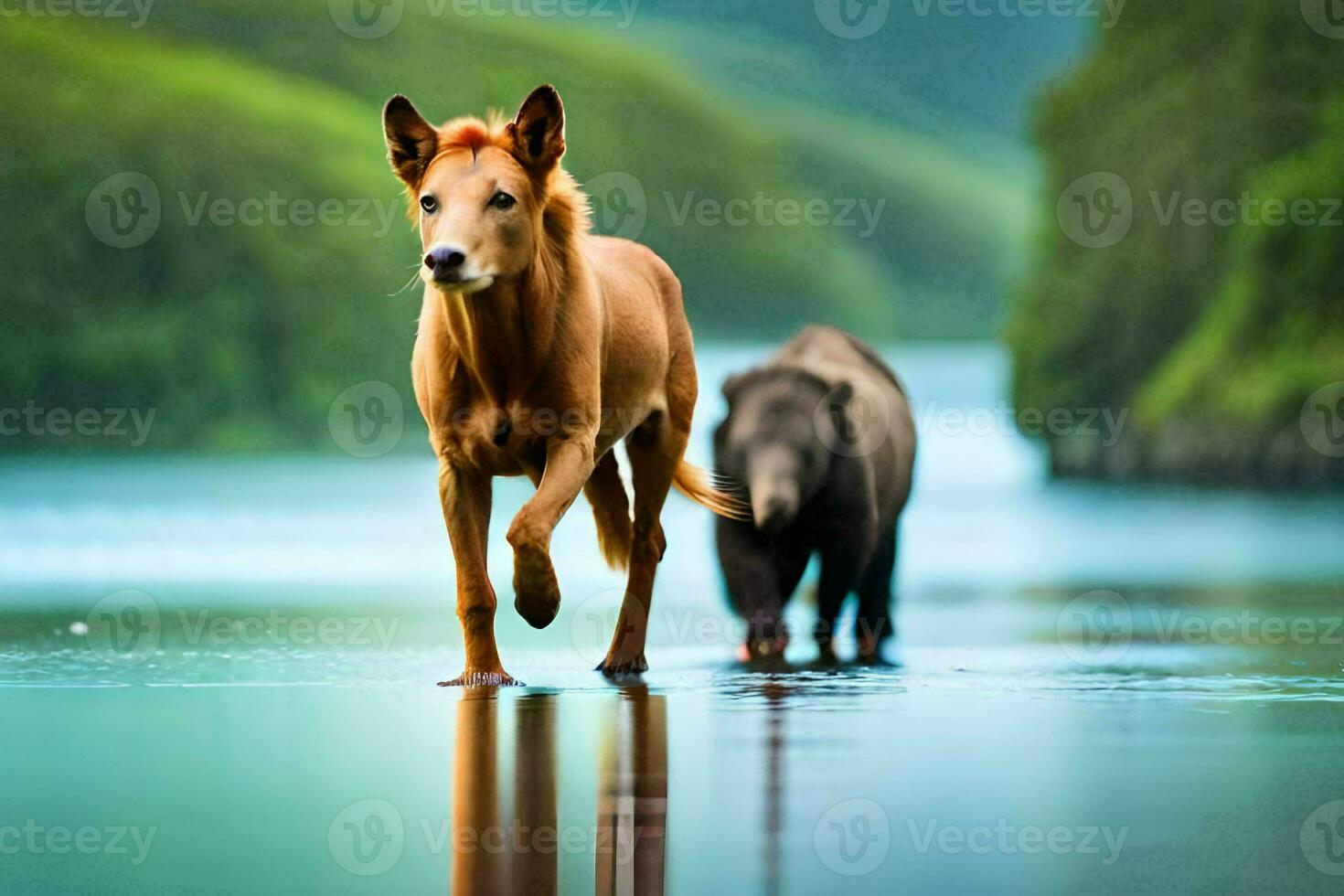 a horse and a bear walking in the water. AI-Generated photo