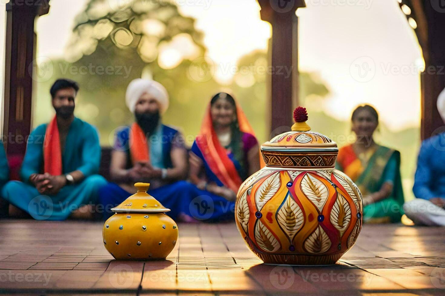 a group of people in colorful clothing sitting around a pot. AI-Generated photo