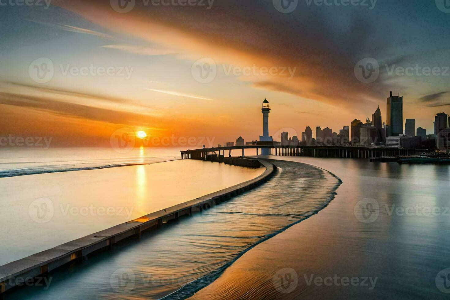 the sun sets over the water and a lighthouse. AI-Generated photo