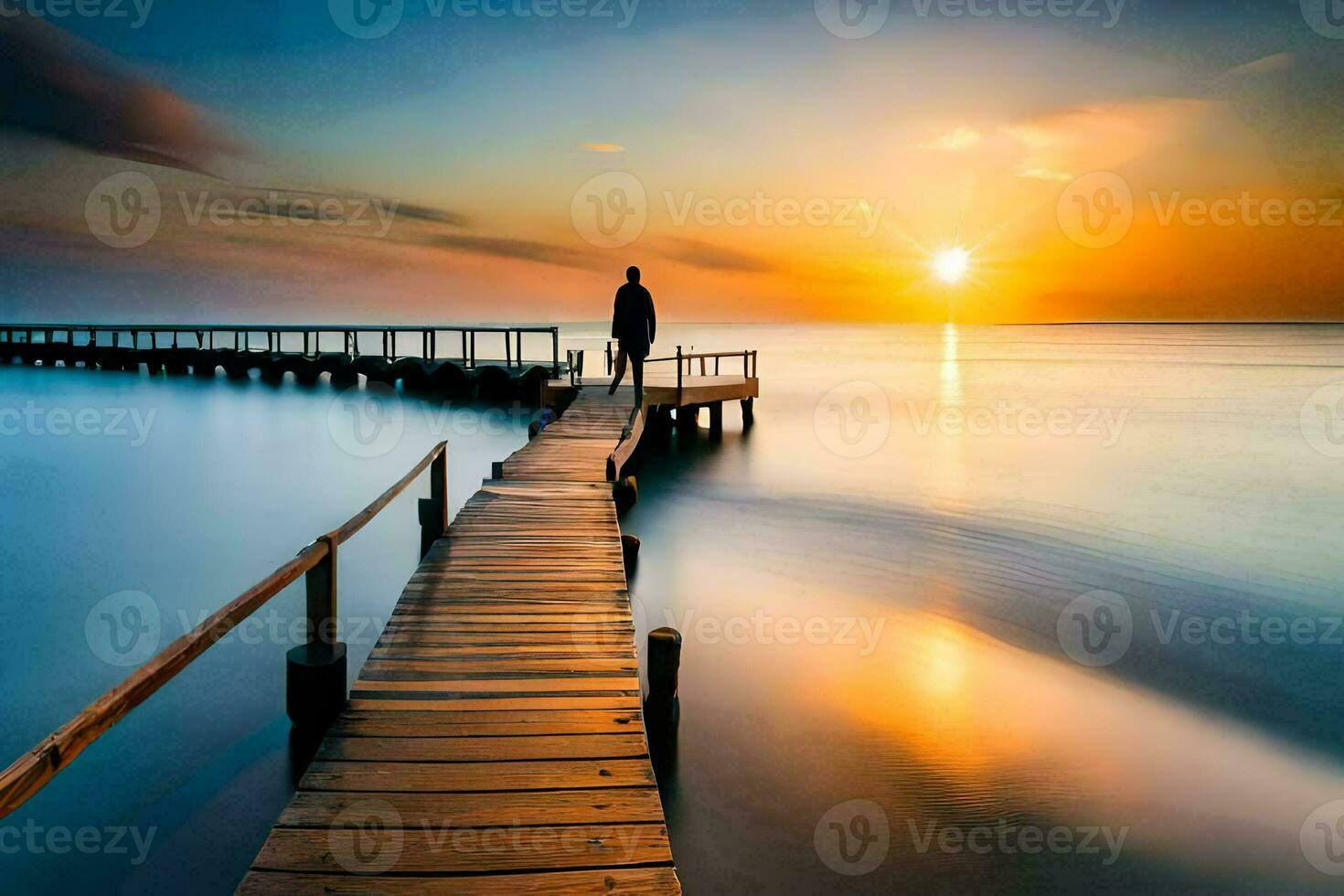 a man stands on a wooden pier at sunset. AI-Generated photo