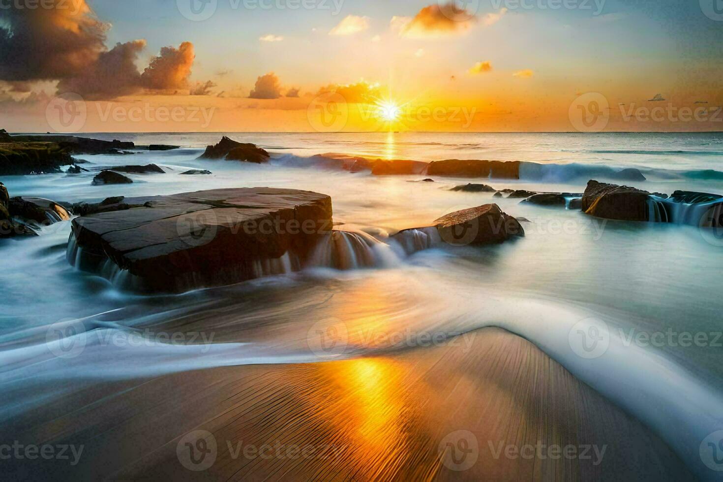 the sun sets over the ocean in this long exposure photograph. AI-Generated photo