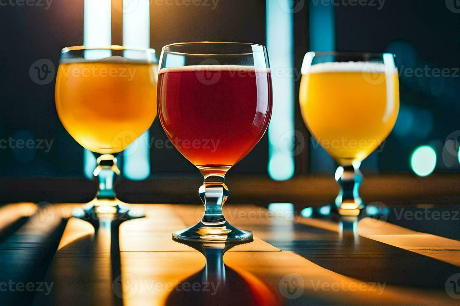 three glasses of beer on a table. AI-Generated photo