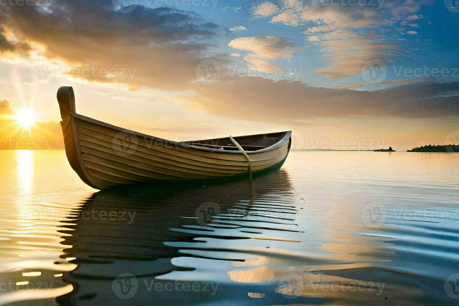 a boat floating in the water at sunset. AI-Generated photo