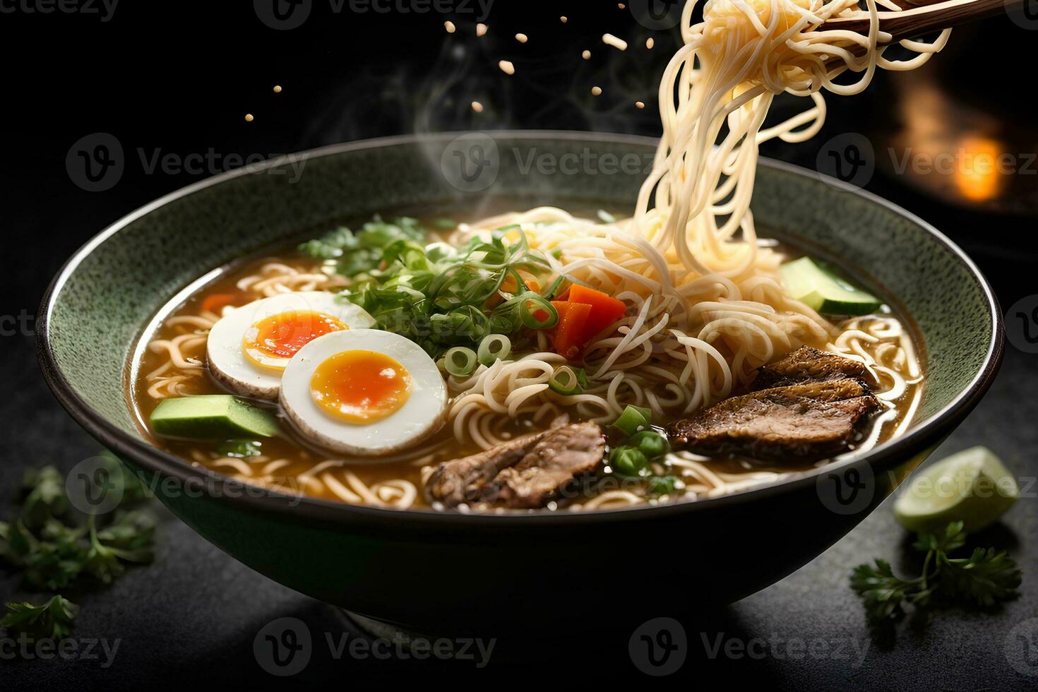 Japanese soup ramen in bowl on dark background. Commercial promotional food photo. AI generative photo
