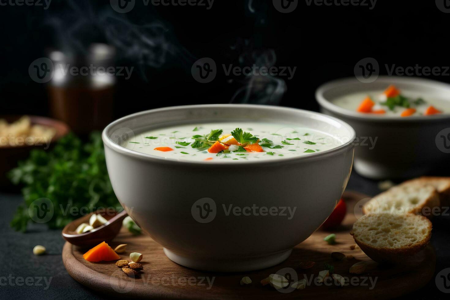 turco yogur yayla sopa en oscuro antecedentes. comercial promocional comida foto. ai generativo foto