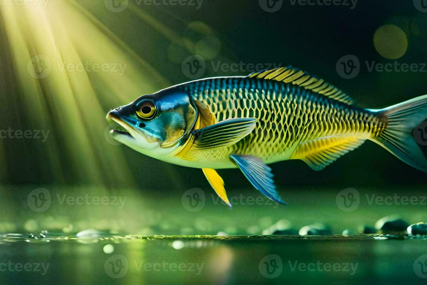 a fish is swimming in the water with sunlight shining. AI-Generated photo