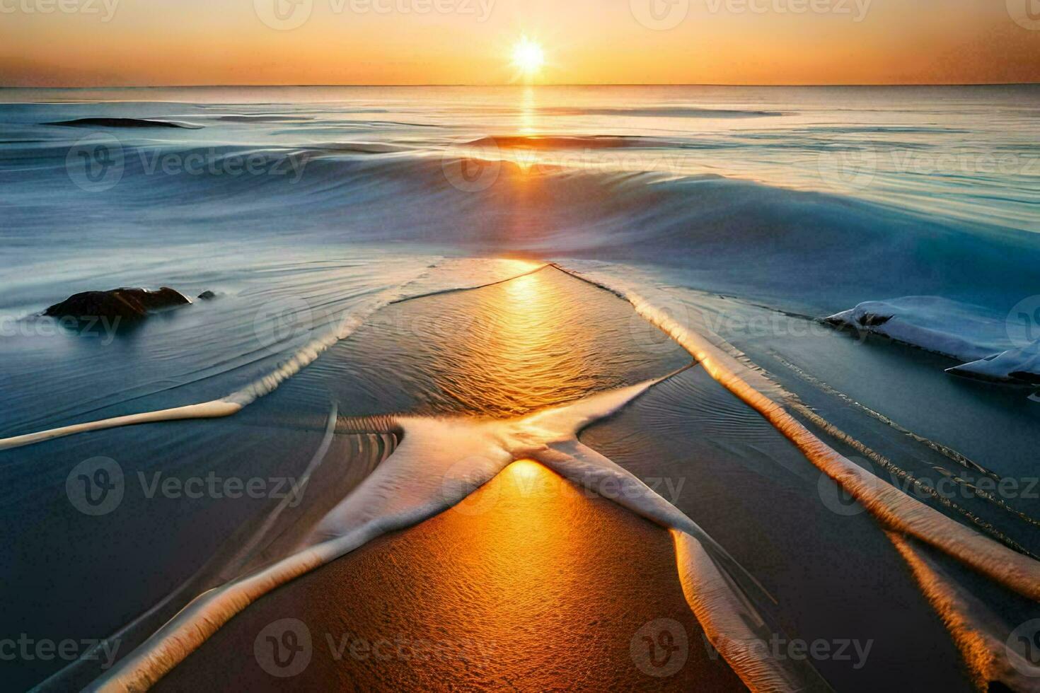 the sun sets over the ocean and waves. AI-Generated photo