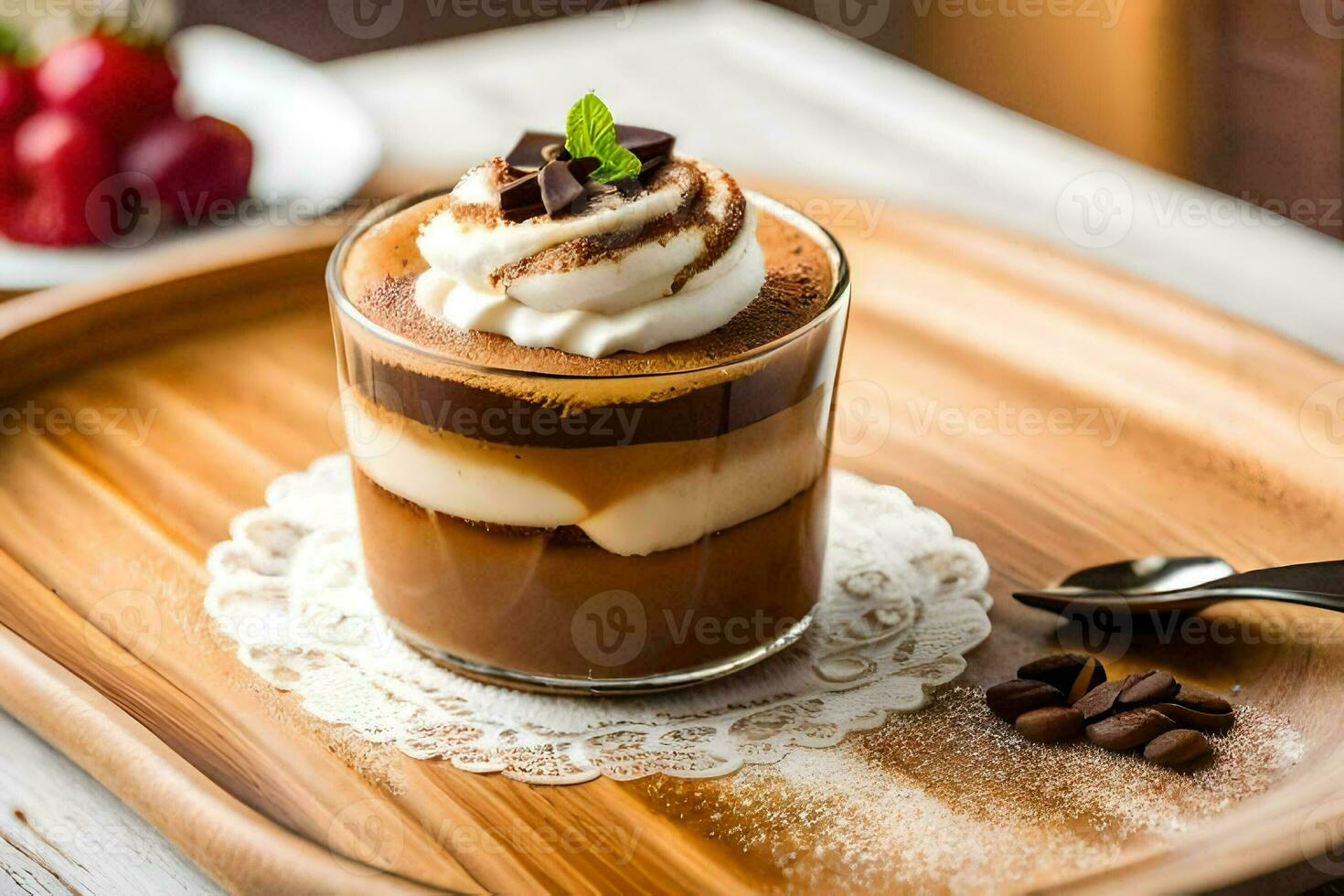 the dessert is served in a glass with whipped cream and chocolate. AI-Generated photo