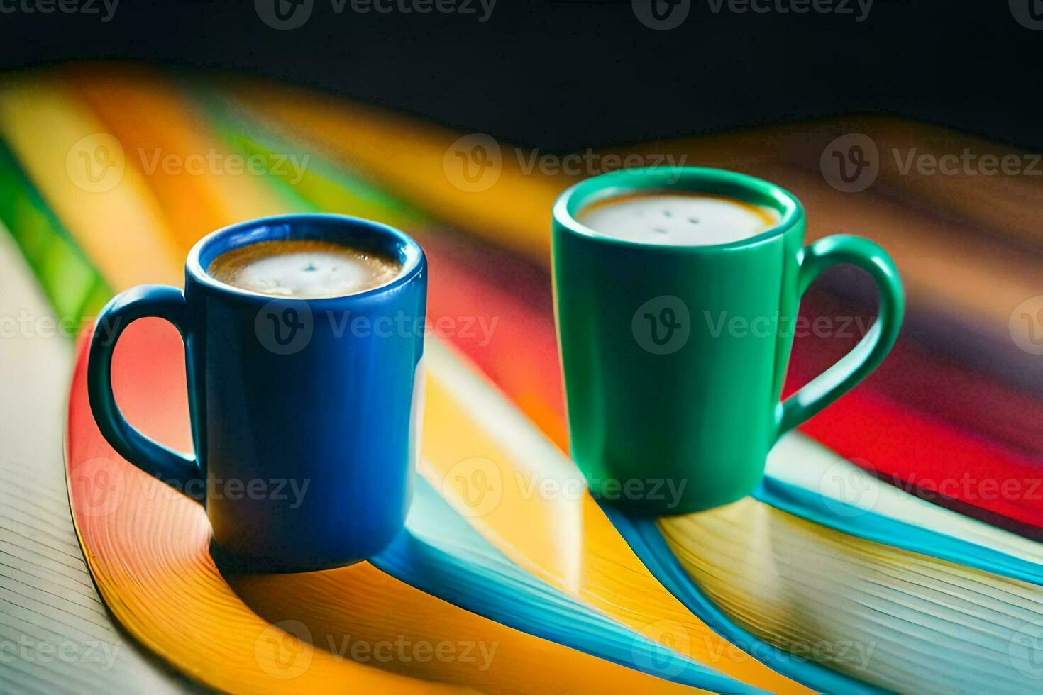 two coffee cups on a colorful background. AI-Generated photo